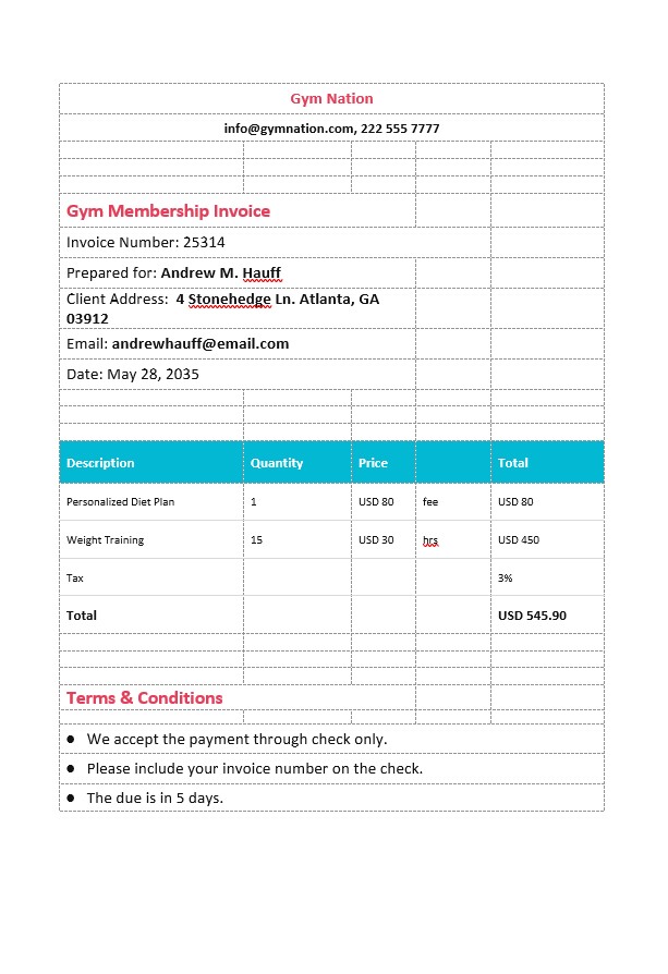 Gym Membership Invoice Template PSD template